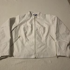Baccini Off‑White Faux Leather Moto Jacket Zip Pocket Size XXXL 3XL Gold Accents